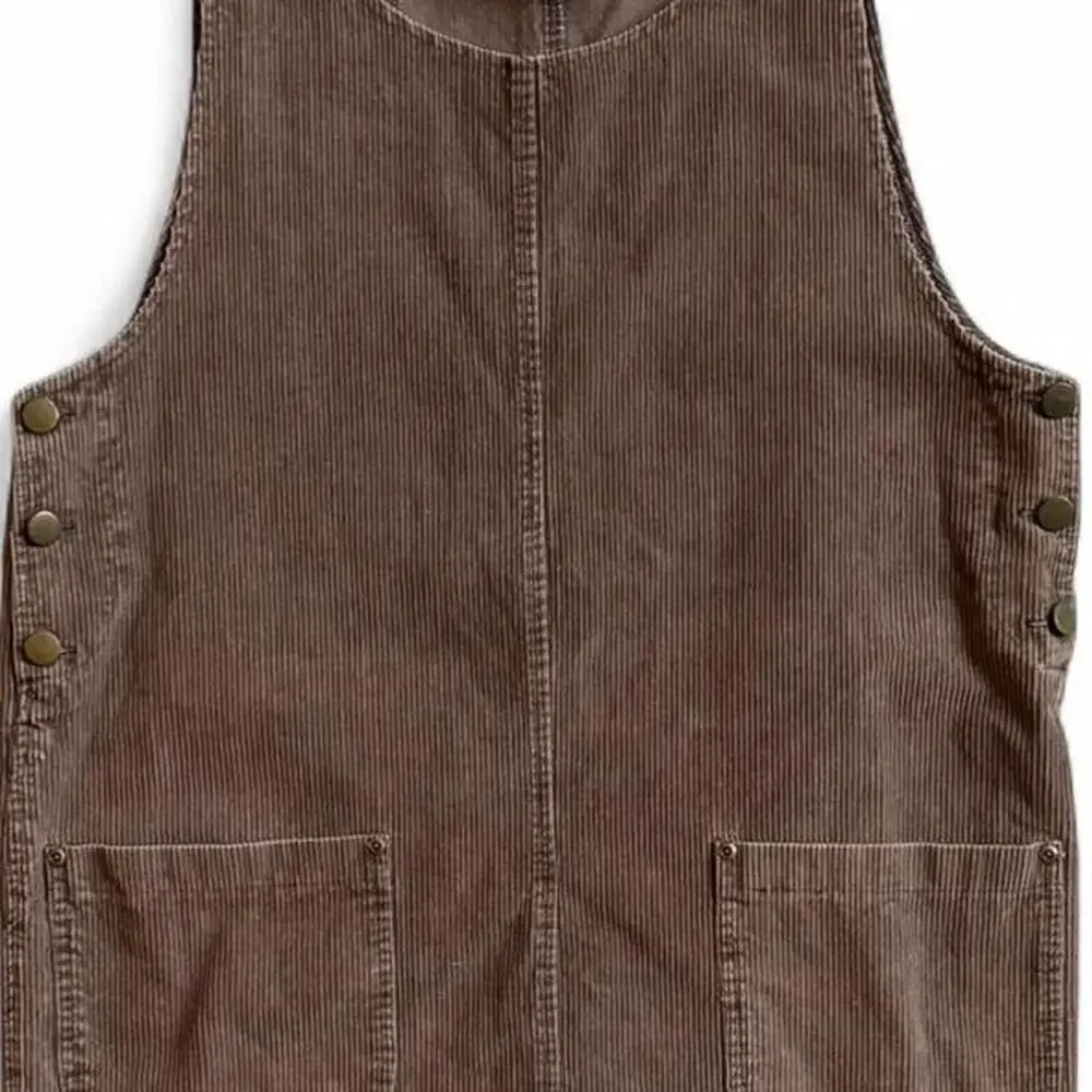 Corduroy Brown Utility Pinafore Dress – Cottagecore Workwear [L] - Picture 5 of 8